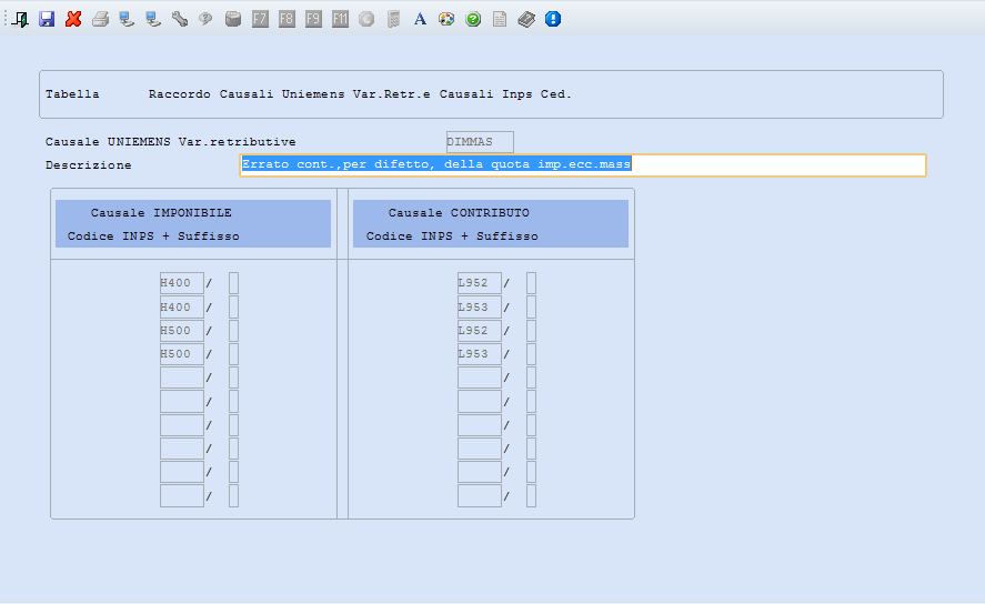 Occorre impostare per ogni causale un suffisso in modo da rendere univoco ogni singolo rigo; gli stessi righi devono essere caricati nella tabella righi DM10 e collegati a distinte causali corpo paga