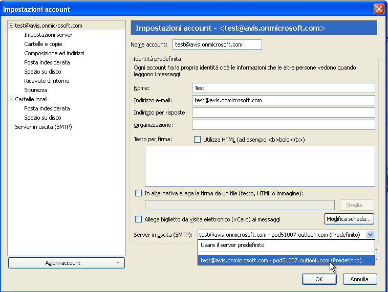 Sezionare poi l account utente (p.pallino@avis.it) e riassegnarli il server smtp appena impostato.