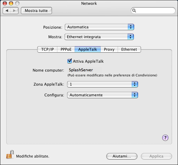 CONFIG RETE 9 Su Mac OS 10.4: selezionare Ethernet integrata dal menu Mostra e fare clic sulla scheda AppleTalk. 3 Selezionare l opzione Attiva AppleTalk.