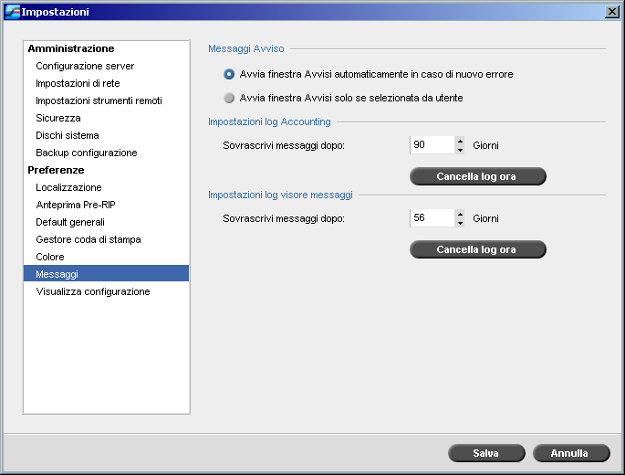 Impostare e configurare lo Spire CXP5000 Color Server 415 Messaggi Le impostazioni Messaggi Avviso, Impostazioni log Accounting, e Impostazioni log visore messaggi sono impostate in Messaggi.