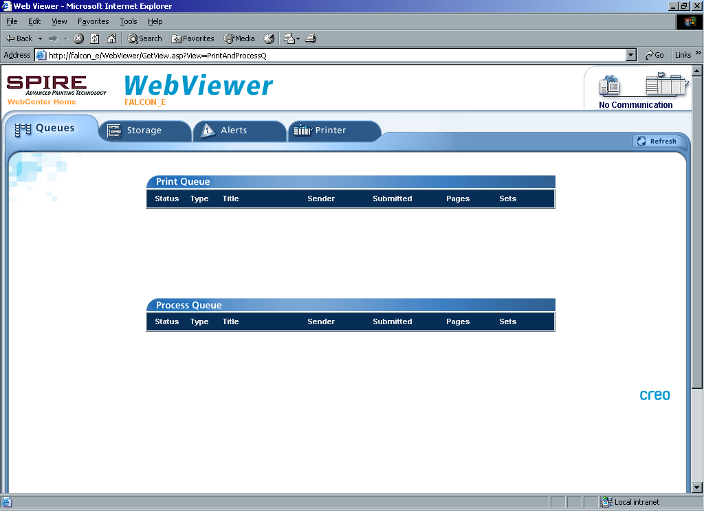 Spire Web Center 79 Il Web Viewer La pagina Web Viewer consente di visualizzare la configurazione stampante e le informazioni sistema, i job che risiedono correntemente nelle finestre Queues e