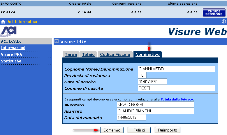 Anche la ricerca per Nominativo richiede all avvocato di accettare un informativa sulle disposizioni riguardanti l accesso al Sistema Informativo Aci e sulle relative norme vigenti, come specificato