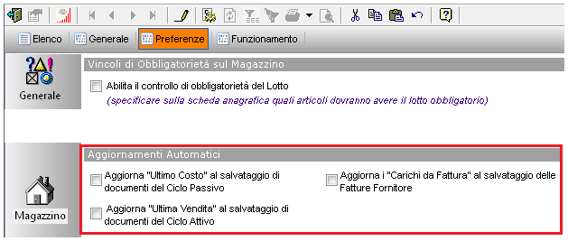 7.15 Aggiornamento automatico costi Con questa nuova versione del programma, è possibile far eseguire degli aggiornare automatici al salvataggio di determinati documenti.