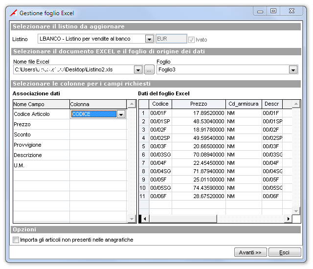 8.3 Import Listini da foglio XLS generico La finestra di import listini da file generico, introdotto con la precedente versione, ha subito delle modifiche a livello grafico e permette ora anche di