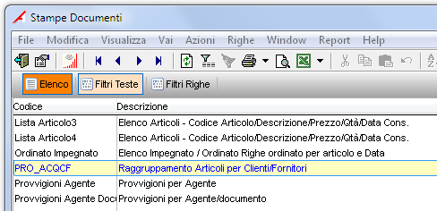 Con la 3/2012 è stata introdotto un primo report che rientra in questa categoria: il report PRO_ACQCF - Raggruppamento Articoli per Clienti/Fornitori, nelle stampe dei