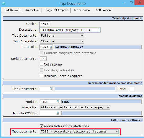 Per quanto riguarda le fatture di anticipo/acconto, il tracciato XML prevede che la fattura abbia specifica tipologia Anticipo/Acconto pertanto si rende necessario creare un nuovo tipo documento (p.e. FAPA ); il nuovo documento dovrà mantenere lo stesso numero protocollo / registro Iva del tipo documento utilizzato per la fatturazione elettronica (FVPA).