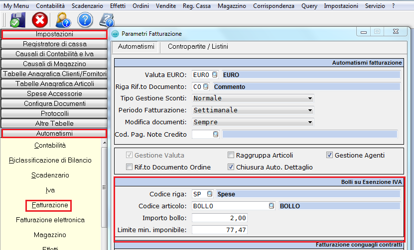 19. GESTIONE BOLLO SU FATTURA. Nella [versione 9.1.2] di Extra è stata implementata la gestione del bollo nel caso di emissione documenti (fattura/nota credito) soggetti ad imposta di bollo.