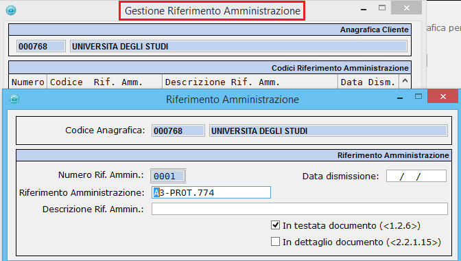 4. GESTIONE RIFERIMENTO AMMINISTRAZIONE (sezione <1.2.6> <2.2.1.15>). [Versione 9.4.0].