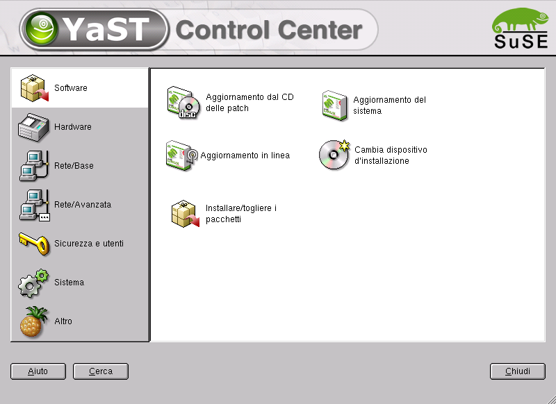 Inizializzare YaST2 YaST2 si avvia nel modo grafico tramite il menù di KDE che potete dirigere sia con il mouse che con la tastiera.