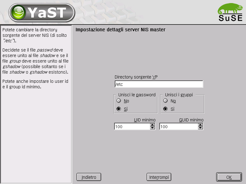 Figura 13.4: YaST2: server NIS: modificare directory e sincronizzare file possono interrogare il server NIS (vd. Fig. 13.5 a fronte).
