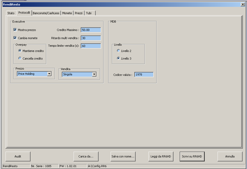RR6 HD - manuale operativo 10.2 Protocolli Dalla seconda schermata è possibile definire i parametri di funzionamento in riferimento ai due principali protocolli usati Executive e MDB.
