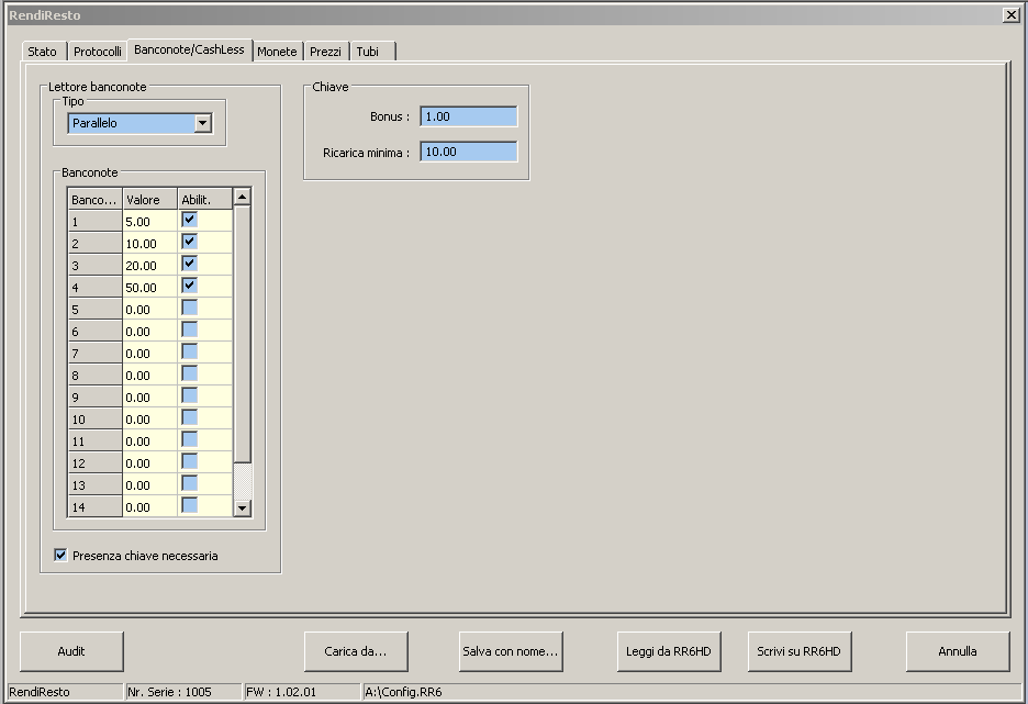 10.3 Banconote / Cashless Dalla terza schermata è possibile definire i parametri di funzionamento di lettore di banconote e sistema cashless.