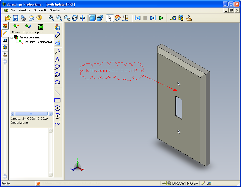 Lezione 7 Nozioni fondamentali su SolidWorks edrawings Annota e Misura È possibile annotare i file edrawings ricorrendo agli strumenti disponibili nella barra degli strumenti Annotazione.