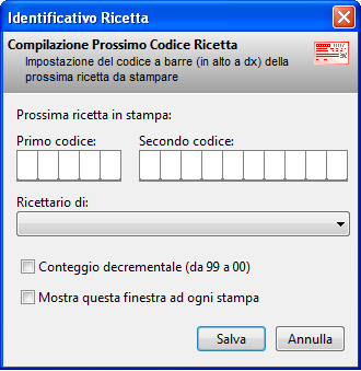 5.2 Gestione lato Medico Se è stato scelto di identificarsi come Medico all'avvio del programma, alla prima prescrizione verrà richiesto di inserire l'identificato della Ricetta (Fig.