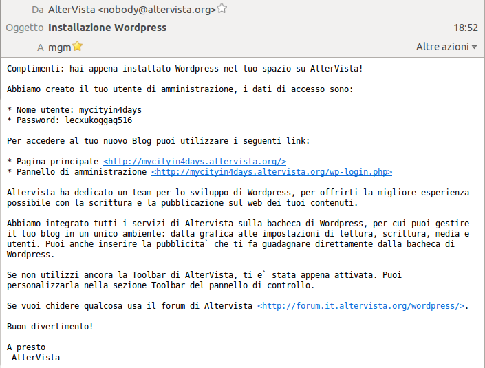 Mail dei dati di accesso di Wordpress il