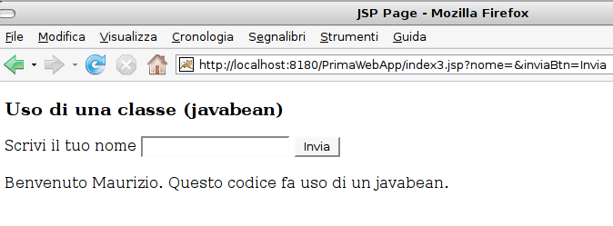 <jsp:getproperty name="messaggio" property="nome"/>. Questo codice fa uso di un javabean.