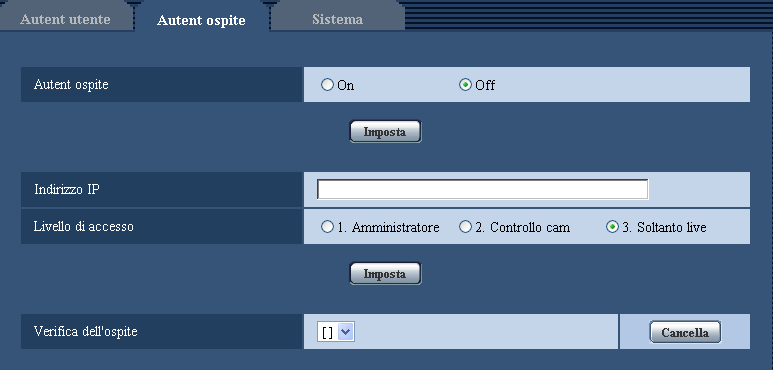 15 Configurazione delle impostazioni riguardanti l autenticazione [Gestione utenti] Su questa pagina si possono configurare le impostazioni per limitare l accesso alla telecamera dei PC (indirizzi