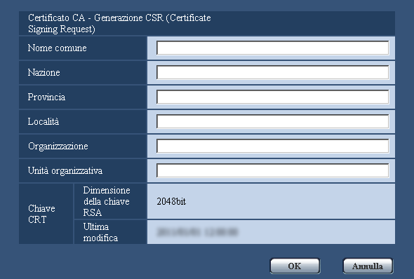 17 Configurazione delle impostazioni di rete [Rete] 1. Cliccare il pulsante [Esegui] di Certificato CA - Generazione CSR. Verrà visualizzato il riquadro di dialogo Certificato CA - Generazione CSR. 2.