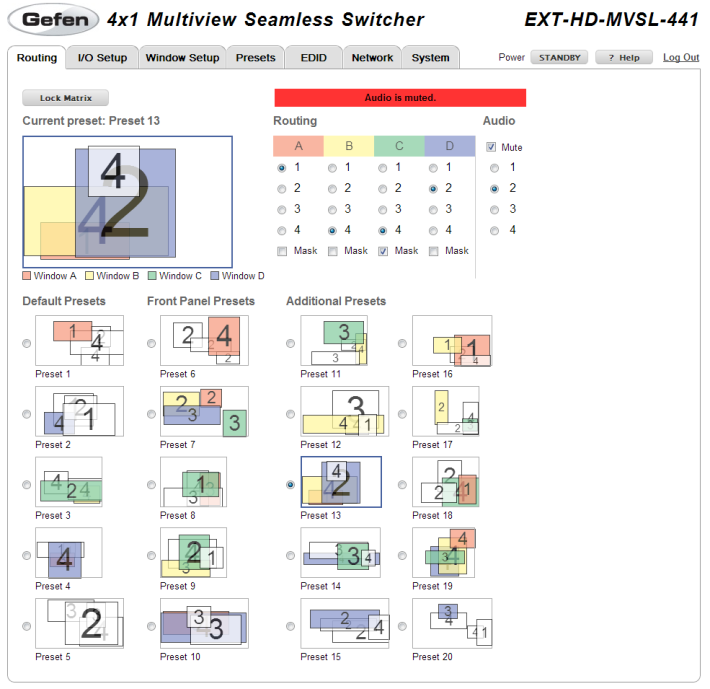 Multiviewer seamless switcher HDMI 4x1 Tutto gestibile via browser: Dimensione e posizione delle finestre Priorità delle