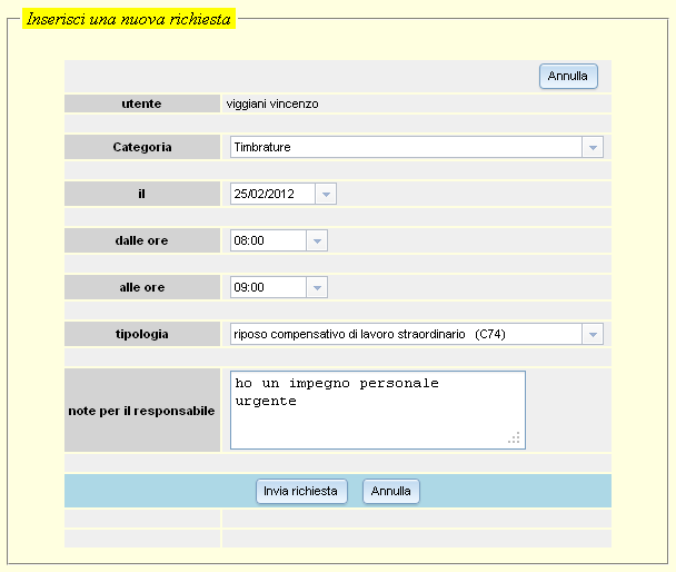 Pag. 14 di 37 Categoria Timbrature La categoria timbrature permette di effettuare richieste di permessi orari.