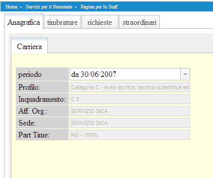 5 di 37 Pag. 1. ANAGRAFICA La sezione Anagrafica contiene informazioni di carriera ed informazioni relative al proprio profilo orario.