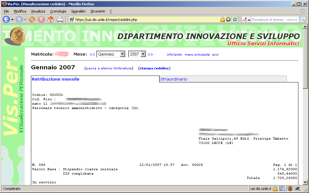 più cedolini, l'utente può selezionare uno qualsiasi di questi tramite le linguette poste immediatamente sopra il cedolino stesso (nella fig. 7 le linguette Retribuzione mensile e Straordinario.