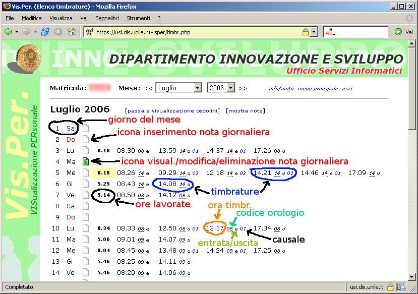 Visualizzazione timbrature Selezionando la voce timbrature dal menu principale, Vis.Per. mostra il tabulato di un mese di timbrature. Viene selezionato automaticamente il mese in corso.