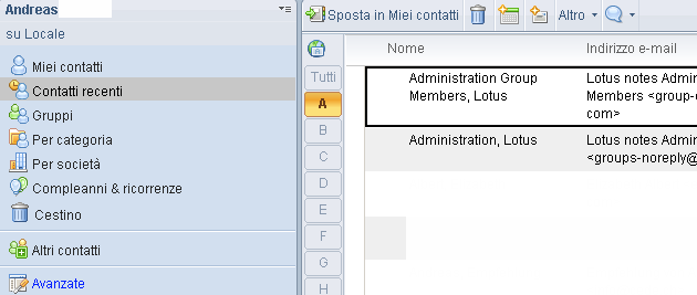 Contatti La rubrica dei contatti personali si aggiunge al directory aziendale degli utenti Lotus Notes. Per creare un nuovo contatto cliccare su Nuovo, all'interno della scheda dei contatti.