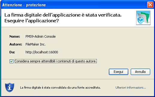 70 Guida introduttiva di FileMaker Server 2. Fare clic su Avvio Admin Console.