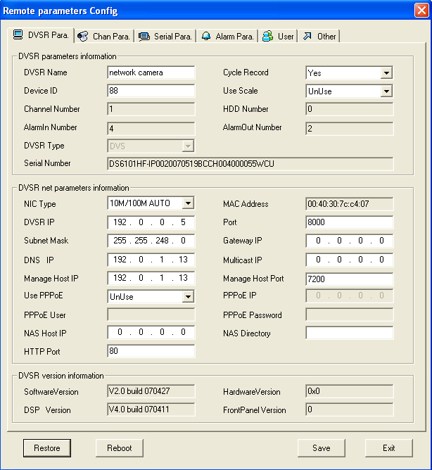 5 Interfaccia di configurazione Per impostare la camera per mezzo del browser IE cliccare su Config e attendere la finestra Remote Parameters Config.