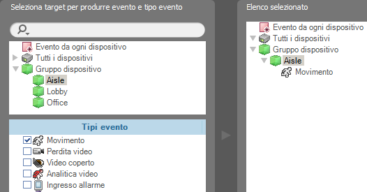 Manuale dell'utente Event from any device (Evento da ogni dispositivo): Da scegliere per notificare eventi vengono rilevati tipi definiti dall'utente di eventi.