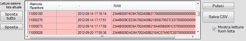 Out of the list readings In the lower central part of the window you can see the pink colored box containing the readings of the HM not included in the main list currently loaded.