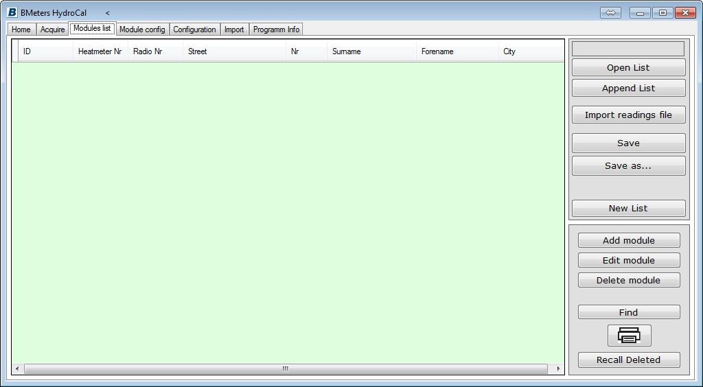 4.3Modules list Gestione lista The screen allows you to manage directories / lists of heat meters / radio modules grouped according to the belonging to buildings, blocks, streets etc.