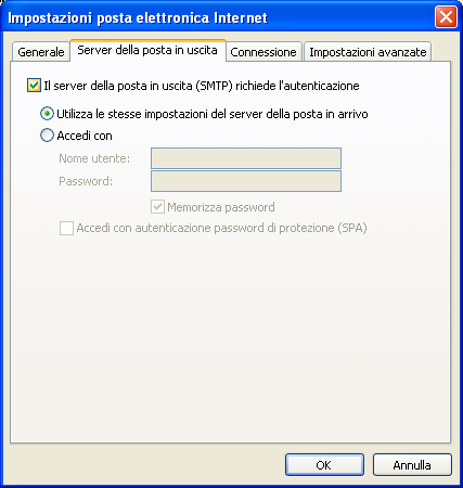 Nella finestra Impostazioni posta elettronica Internet selezionare la scheda Server della posta in uscita e selezionare la casella Il server della posta in uscita (SMTP)