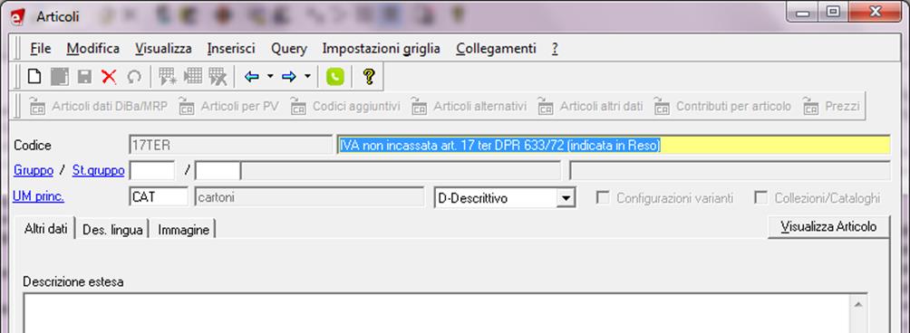 Si consiglia di Caricare un articolo Descrittivo Per velocizzare il riporto in fattura di apposita descrizione (vedi appendice A).