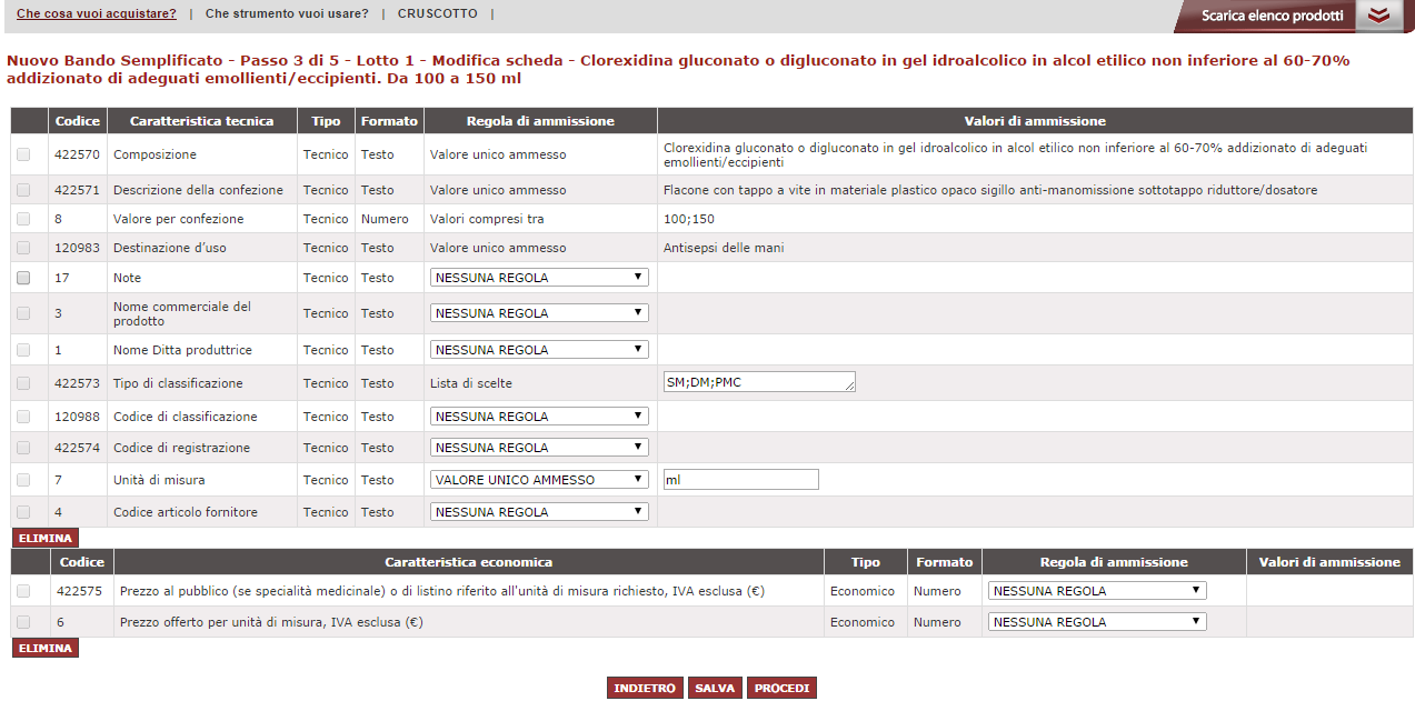 PERSONALIZZAZIONE DELLA SCHEDA TECNICA Nella tabella degli Articoli selezionati (vedi schermata precedente) visualizzi l elenco dei prodotti/servizi inseriti nel lotto al passo 2.