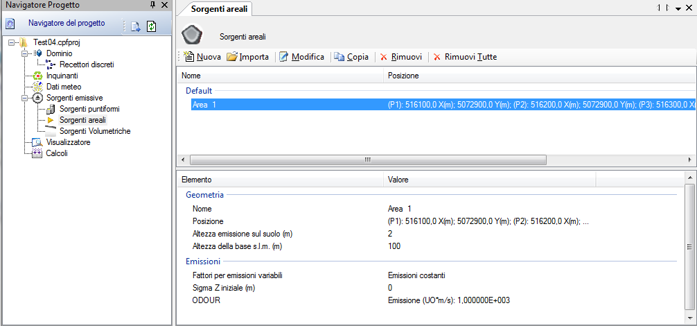 La scheda mostra la lista delle sorgenti inserite suddivise tra sorgenti areali, sorgenti puntiformi e sorgenti volumetriche.