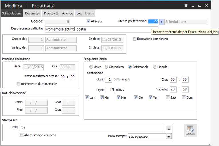 Schedulatore di job Il modulo Schedulatore di Job consente di pianificare le operazioni di ad hoc da eseguirsi automaticamente con una frequenza stabilita.