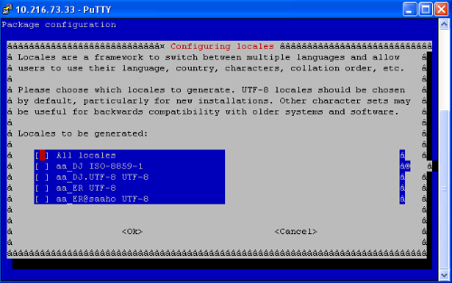 3. Selezionare una delle impostazioni internazionali supportate in StruxureWare Operations e selezionare OK. de_de.utf-8 UTF-8 en_us.utf-8 UTF-8 es_es.utf-8 UTF-8 fr_fr.utf-8 UTF-8 it_it.