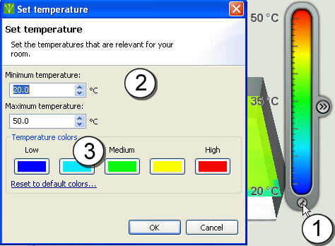 Personalizzazione delle soglie e dei colori 3D Nella vista 3D, è possibile personalizzare l'intervallo di temperature modificando le soglie per la temperatura massima e minima.