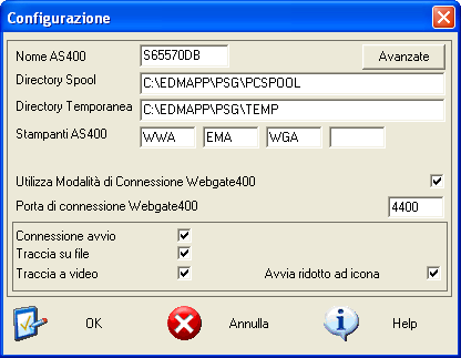 Premendo il pulsante Avanzate in alto a destra, è possibile configurare la connessione al sistema AS400 e specificare utente, password, ID e IP della macchina.