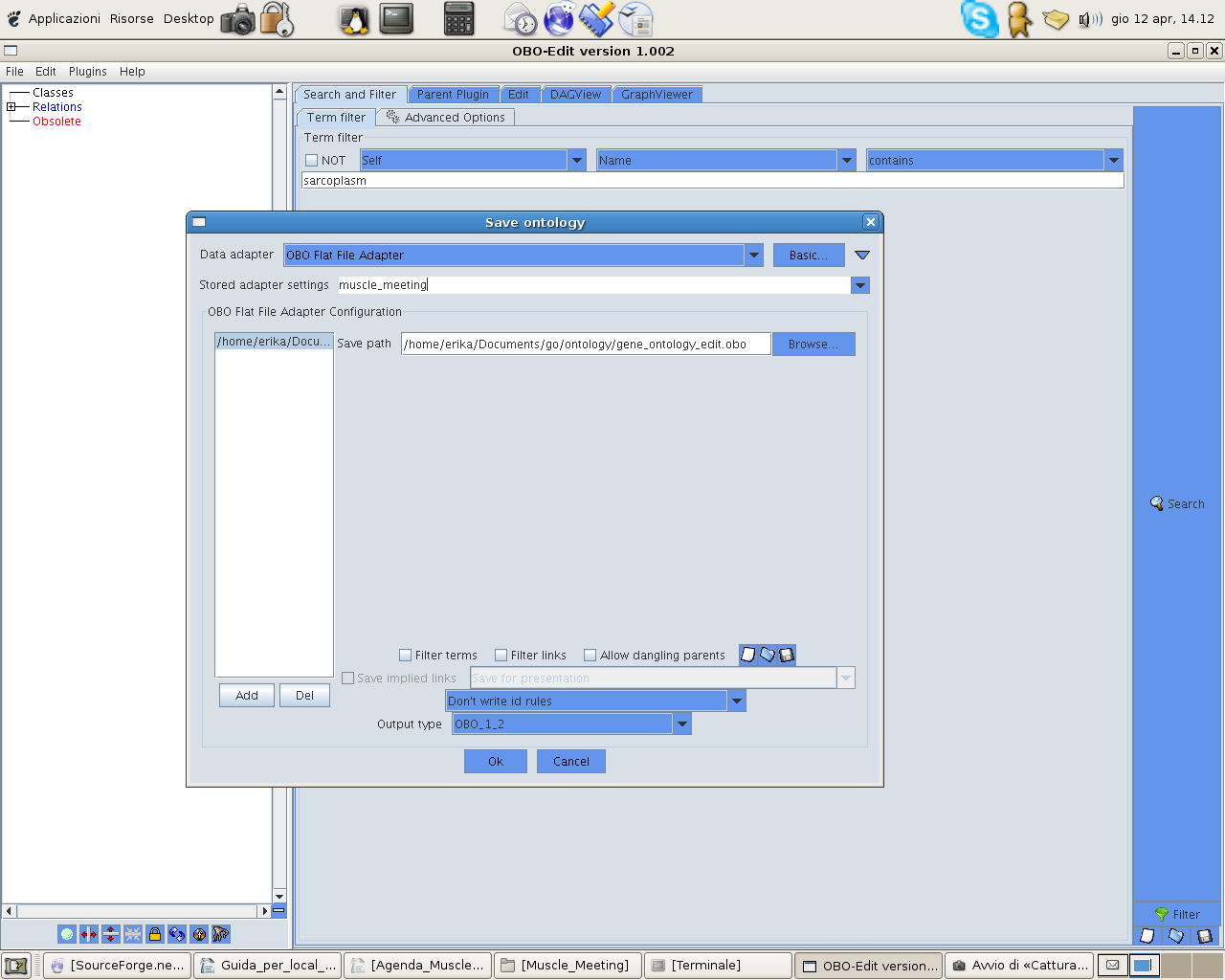 Salvare il file della GO File Save as Si apre una finestra quindi scegliere (Figura 6): Data adapter: OBO flat file Adapter Store adapter settings: muscle_meeting OBO flat file Adapter Configuration: