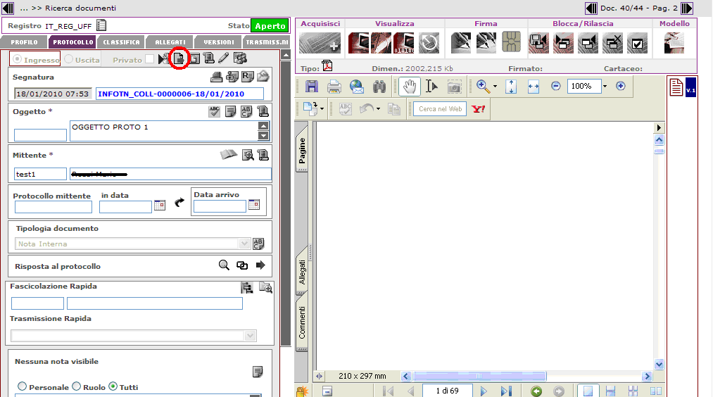 pag. 45/289 : consente di visualizzare la storia del processo di conservazione a cui è stato sottoposto il documento; : consente di creare un documento predisposto alla protocollazione in uscita con