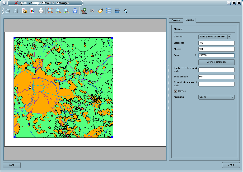 Nel secondo caso si individua il centro dell'area di interesse sulla mappa principale di QGIS e poi si imposta prima l'opzione Scala (calcola estensione) alla voce Definisci e poi il valore di scala