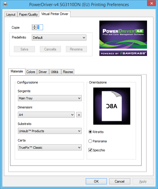 3. Con aperta la finestra Printing Preference di PowerDriver-v4 SG7100DN, cliccare sulla scheda Virtual Printer Driver (Driver di stampante virtuale).