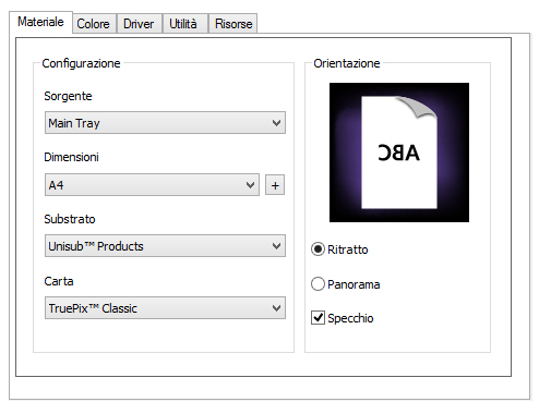 SEZIONE 2 Sorgente Dimensioni Substrato Carta Ritratto Imposta l origine della carta della stampante, come Main Tray o Bypass Tray Imposta il formato di uscita desiderato della carta utilizzata nella