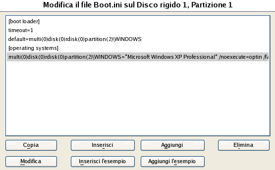 21 5. Nella pagina successiva, scegliere l'installazione Windows richiesta dall'elenco delle installazioni trovate (se presenti), quindi selezionare l'opzione Modifica il file Boot.ini.