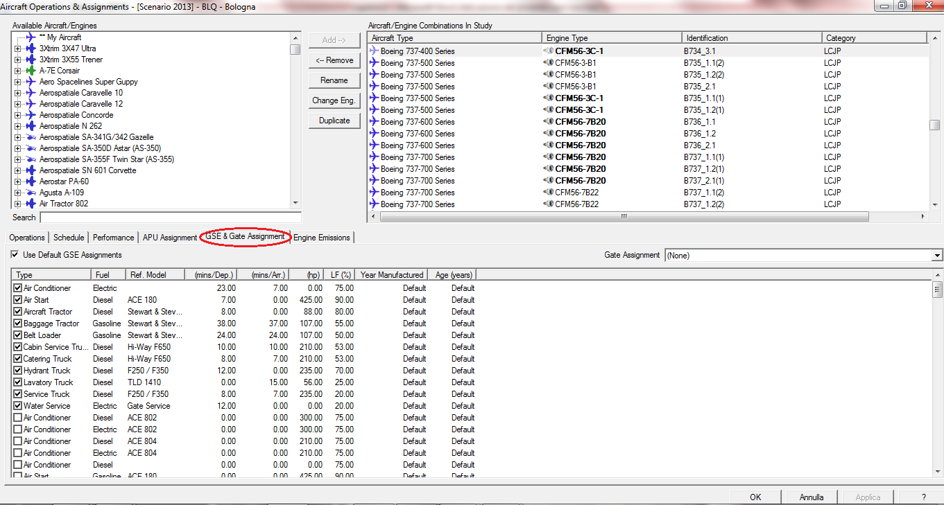3 Il modello analitico previsionale EDMS Il modello assegna ad ogni aeromobile una configurazione di GSE di default, ma l utente ha la possibilità di rimuovere o aggiungere mezzi di supporto così