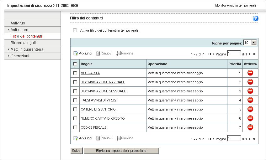 Gestione di Messaging Security Agent Visualizzazione delle regole di filtro dei contenuti Percorso di navigazione: Impostazioni di sicurezza > Messaging Security Agent > Configura > Filtro dei