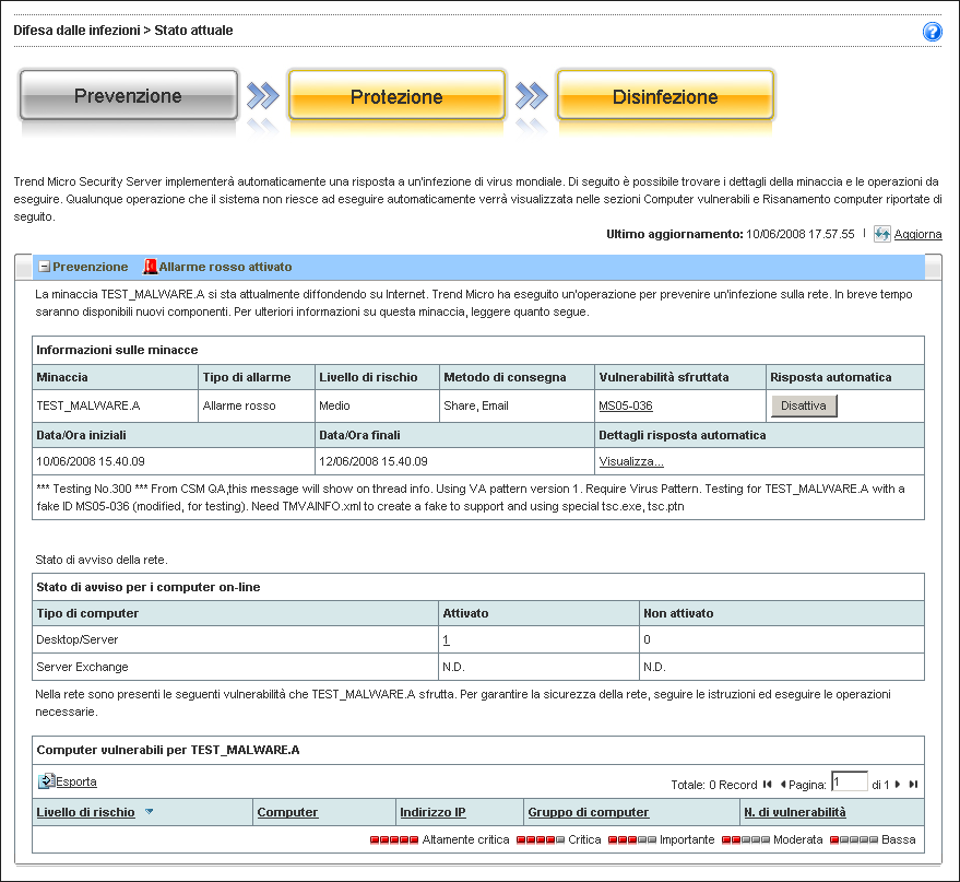 Utilizzo di Difesa dalle infezioni Prevenzione delle minacce La fase di prevenzione delle minacce della schermata Stato attuale fornisce informazioni sulle minacce recenti,